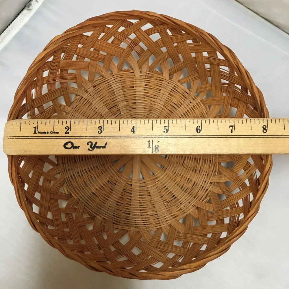Woven Bamboo Basket Home Decor Medium Brown Round Lattice Weave Cottagecore